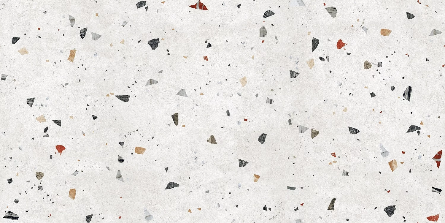 GRESIE TERRAZO WHITE - 60X120 cm, porțelanată, alb cu pete colorate, mată cu efect carving, rectificată, pentru interior și exterior.