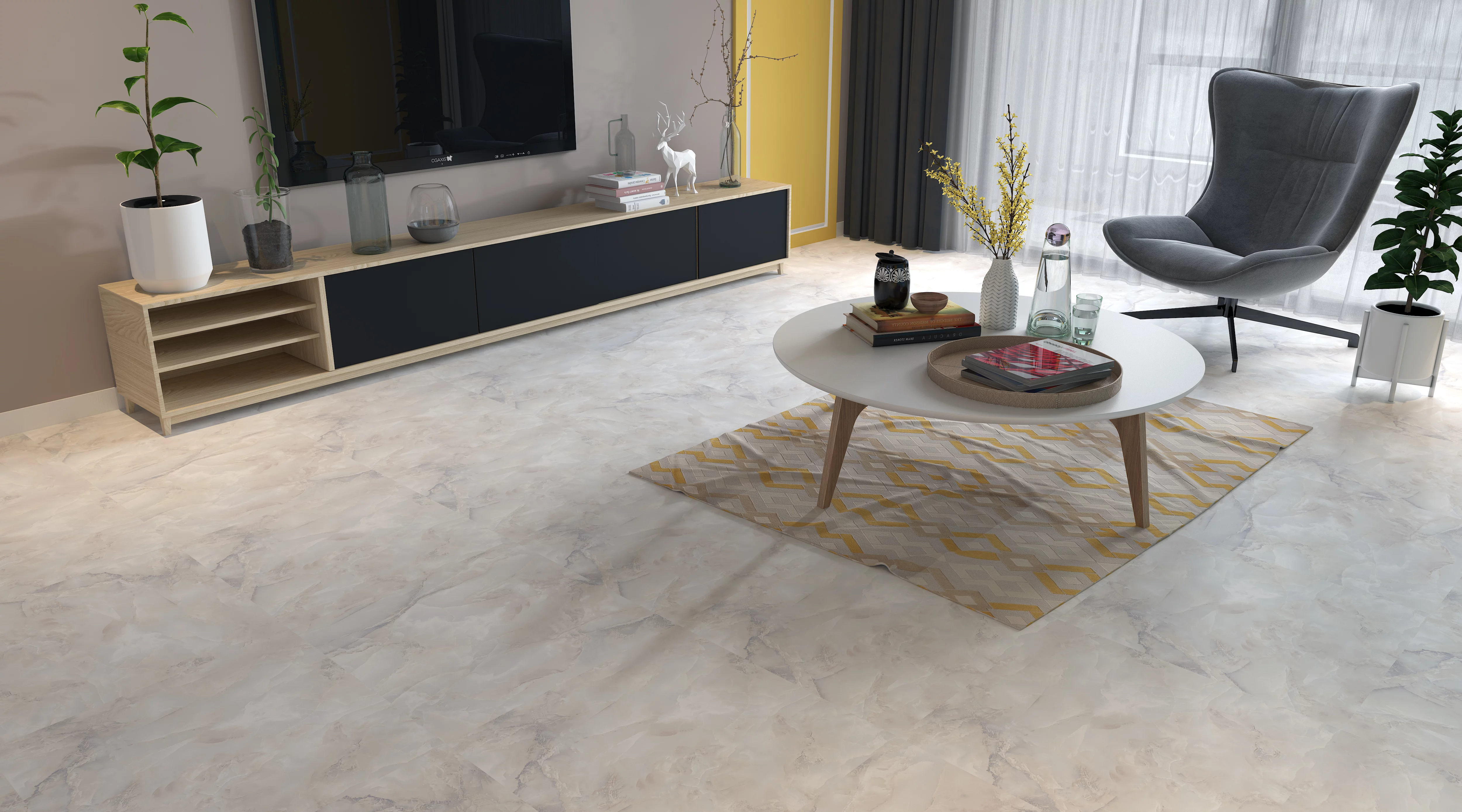 GRESIE ATHENOS MARBLE - 60X60 cm, ceramica glazurata, margini contur laser cut, finisaj lucios, design marmorat în nuanțe delicate de alb și crem, ideal pentru interioare elegante.