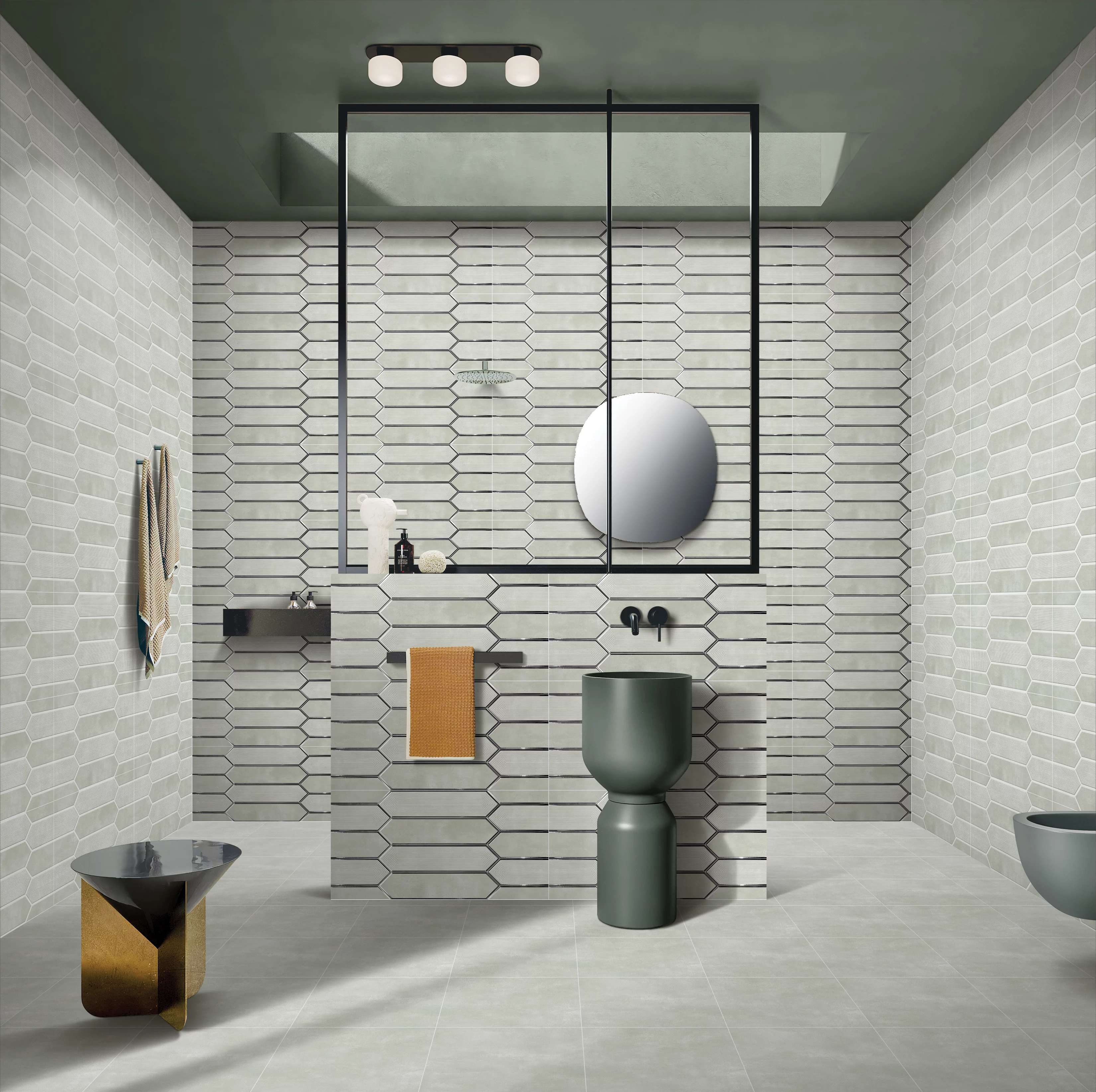 FAIANTA HURON B 22186-B - 30X60 cm, ceramica glazurata, rectificata, cu model geometric în relief și efect lucios reactiv, în nuanță gri-vernil, un plus de originalitate pentru spațiile interioare moderne.