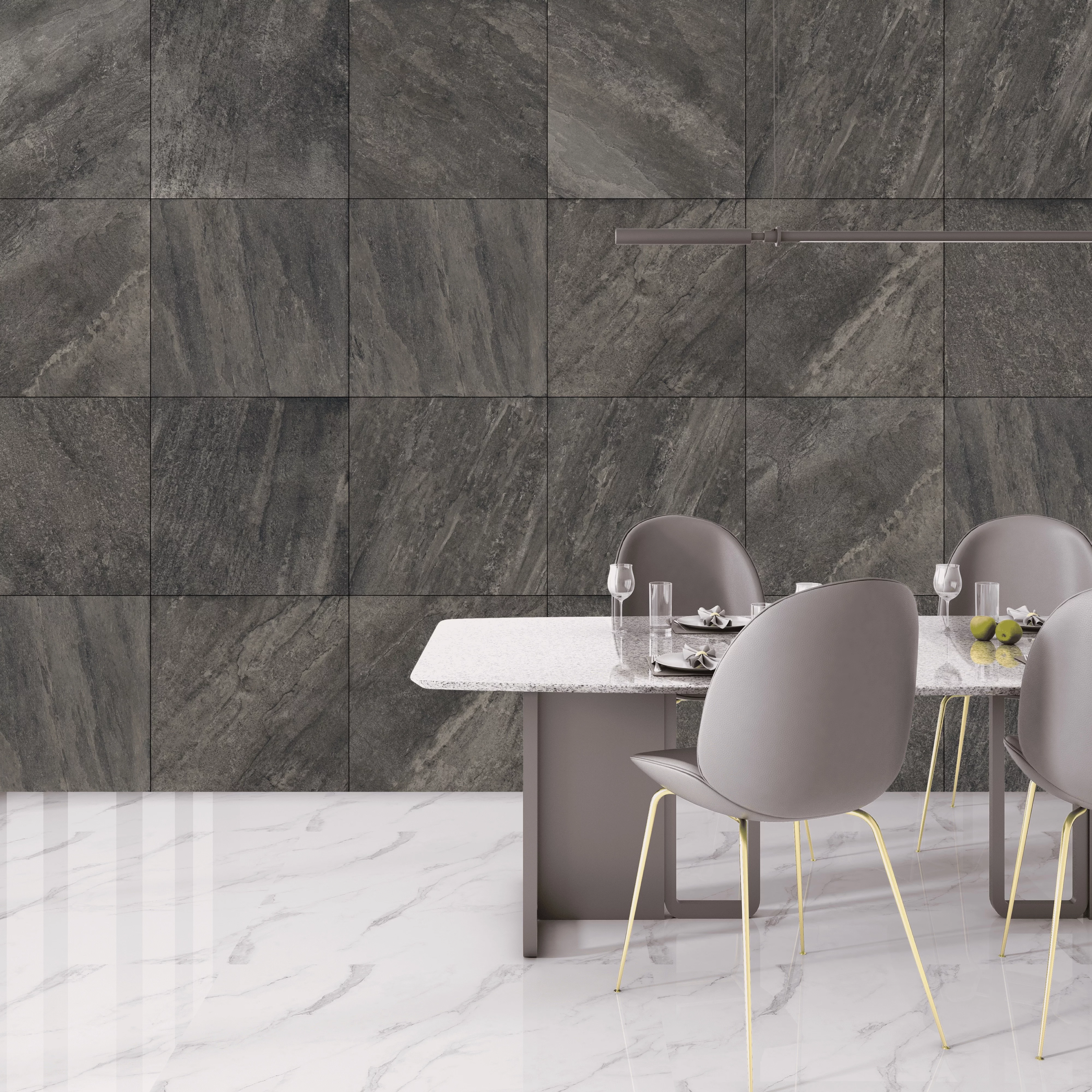 GRESIE MULTISTONE ANTRACITA - 60X60 cm, porțelanată, finisaj mat, nuanțe negre, rectificată, potrivită pentru interior și exterior.