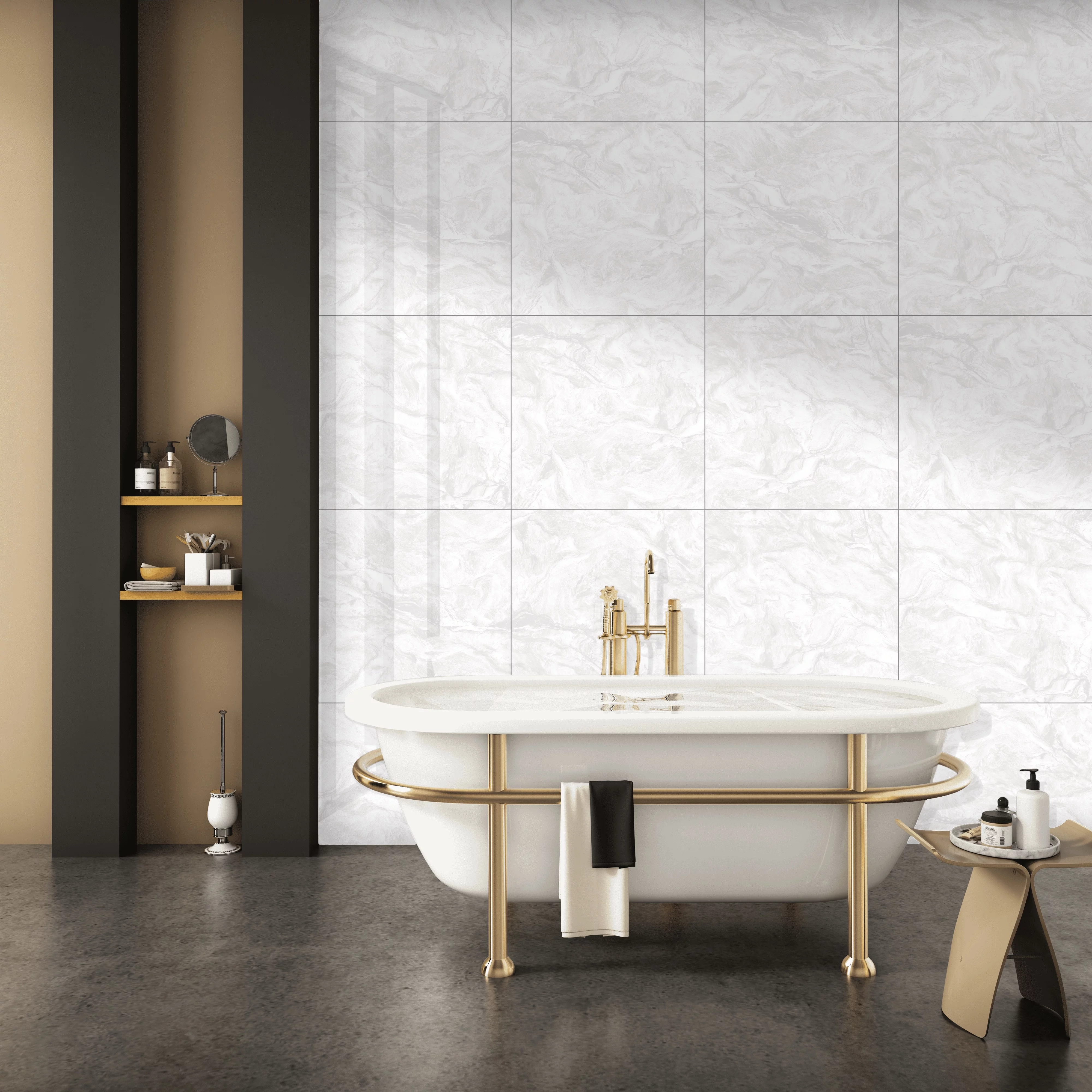 GRESIE VOLCANO BIANCO - 60X60 cm, porțelanată, alb cu inserții gri, lucioasă și rectificată, potrivită pentru interior și exterior.