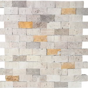 MOZAIC DIN TRAVERTIN COLOR MIX - 29X30.5 cm, grosime variabila 1.5-1.8 cm, nuanțe combinate de bej, crem, galben și gri, finisaj scapitat, split face, perfect pentru decoruri calde și naturale.