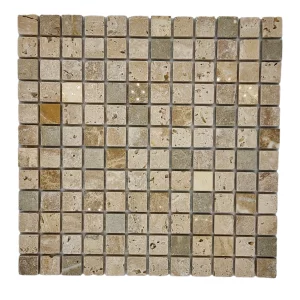 Mozaic din piatra naturala, 30.5x30.5 cm, mix de travertin antichizat si marmura