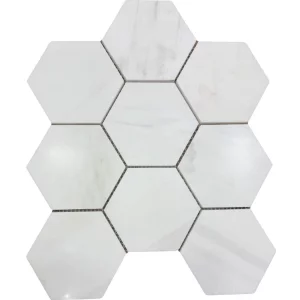 MOZAIC DIN DOLOMIT HEXAGON - 26.5X30.5 cm, mozaic elegant din piatră naturală Dolomit, șlefuit, mat, alb cu ușoare vene gri sau bej, design geometric hexagonal ideal pentru decoruri moderne.
