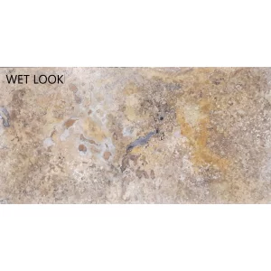 TRAVERTIN SCABAS F and H - 30.5X61X1.2 cm, cu finisaj Filled and Honed (chituit si slefuit), în nuanțe calde de bej, galben, crem și accente maro, ideal pentru pardoseli și pereți interiori sau exteriori.
