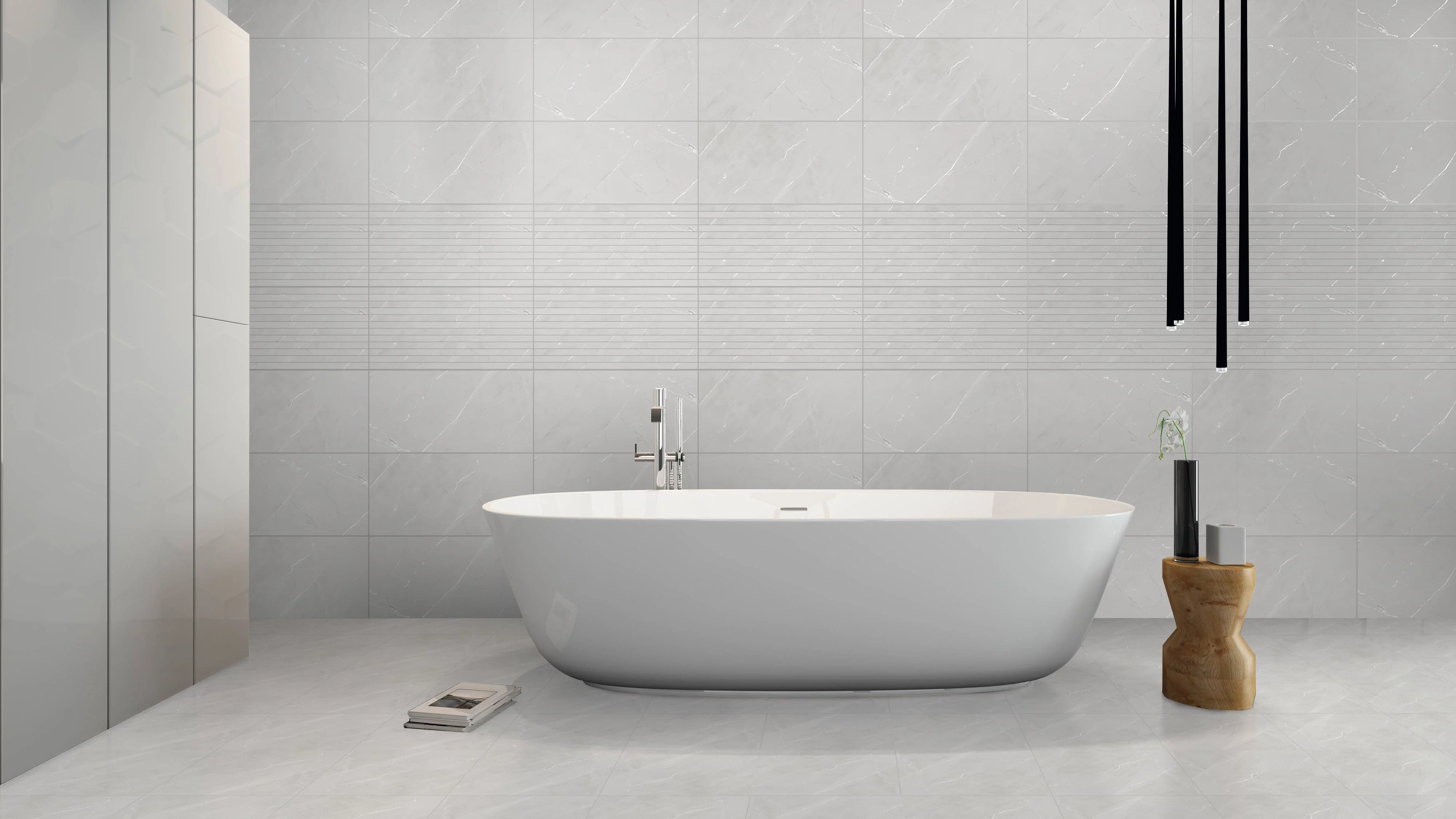 FAIANTA AVIATION 35156-HL2 - 30X60 cm, ceramica glazurata, rectificata, pentru interior, finisaj mat cu efect luster, aspect de marmura naturala gri cu insertii albe si detalii liniare paralele.