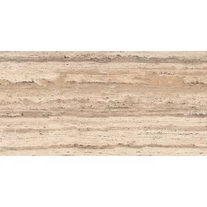 GRESIE WOOD TRAVERTINE CARVING - 60X120 cm, porțelanată, finisaj mat cu efect carving, aspect travertin natural in nuante calde de bej si maro, pentru interior și exterior.
