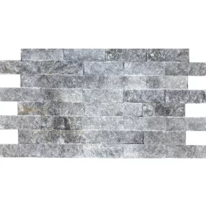 MARMURA ABSOLUTE GREY - 5X15 cm, grosime variabilă 1.2-1.8 cm, finisaj scapitat (split face), nuanțe reci de gri închis, argintiu, grafit și accente antracit, ideală pentru placări verticale cu aspect natural și elegant.