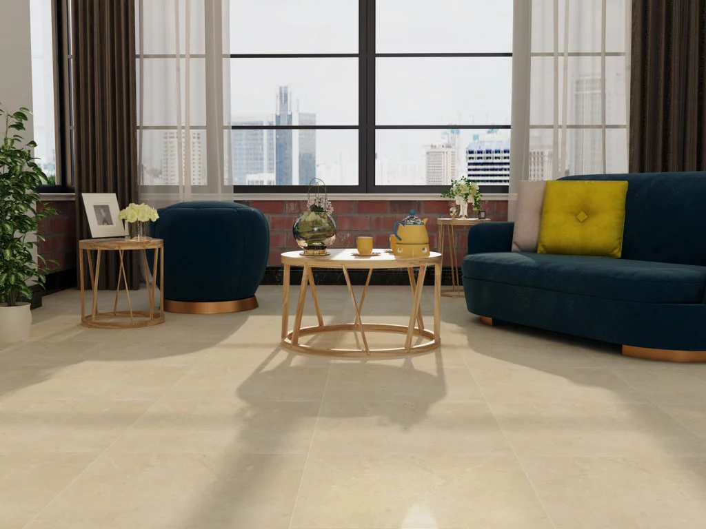 GRESIE NEW CINDERELLA BEIGE - 60X60 cm, ceramică glazurată mată, rectificata, în tonuri calde de bej si maro deschis, cu insertii albicioase, cu design uniform care imita textura pietrei naturale, ideală pentru interioare elegante și confortabile.