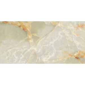 GRESIE BLUETTE ONYX NATURAL - 60X120 cm, porțelanată, lucioasă, cu aspect rafinat de onix, in nuante calde de crem si insertii aurii, ideală pentru interioare și exterioare elegante.