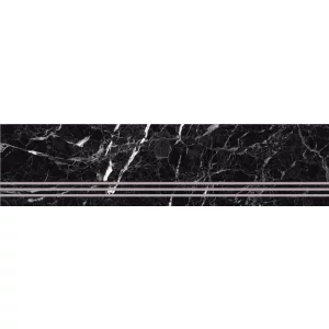 TREAPTA GRESIE NEW HG BLACK EMPERADOR - 30X120 cm, portelanata, glazurata, rectificata, în nuanțe intense de negru cu vene albe și gri, finisaj lucios high-gloss, ideală pentru scări interioare elegante.