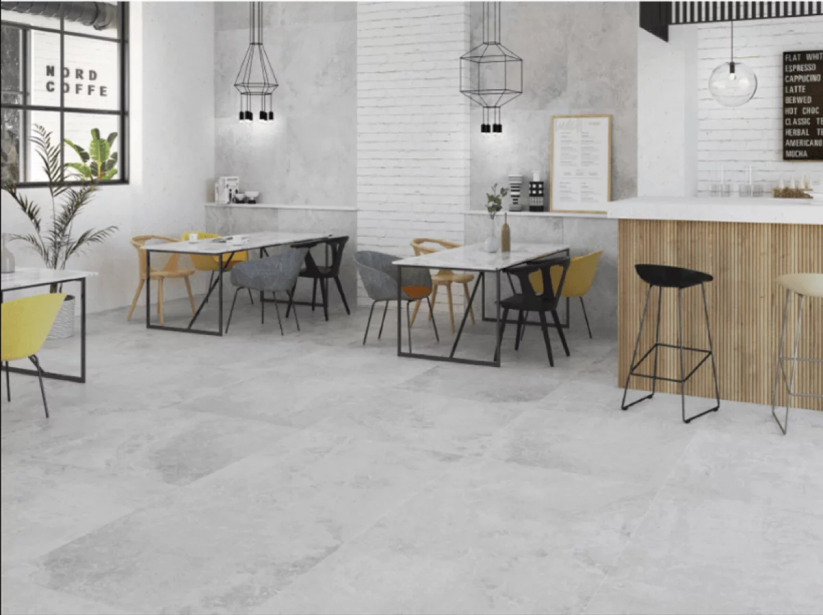 GRESIE 6114 LASER CUT - 60X60 cm, ceramică, mată, nerectificată, gri cu aspect uniform de piatră, pentru interior.