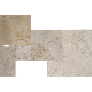 TRAVERTIN NATURAL MIX FP - 1.2 cm, French Pattern, set modular format din 6 plăci de dimensiuni diferite, grosime 1.2 cm, cu finisaj tumbled și suprafață nechituită, ideal pentru pardoseli cu aspect antichizat, naturalețe și textură autentică.