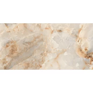 GRESIE 005 AMBER ONYX BEIGE - 60X120 cm, porțelanată, lucioasă, rectificată, în tonuri calde de bej cu efect onix, pentru interioare și exterioare elegante.