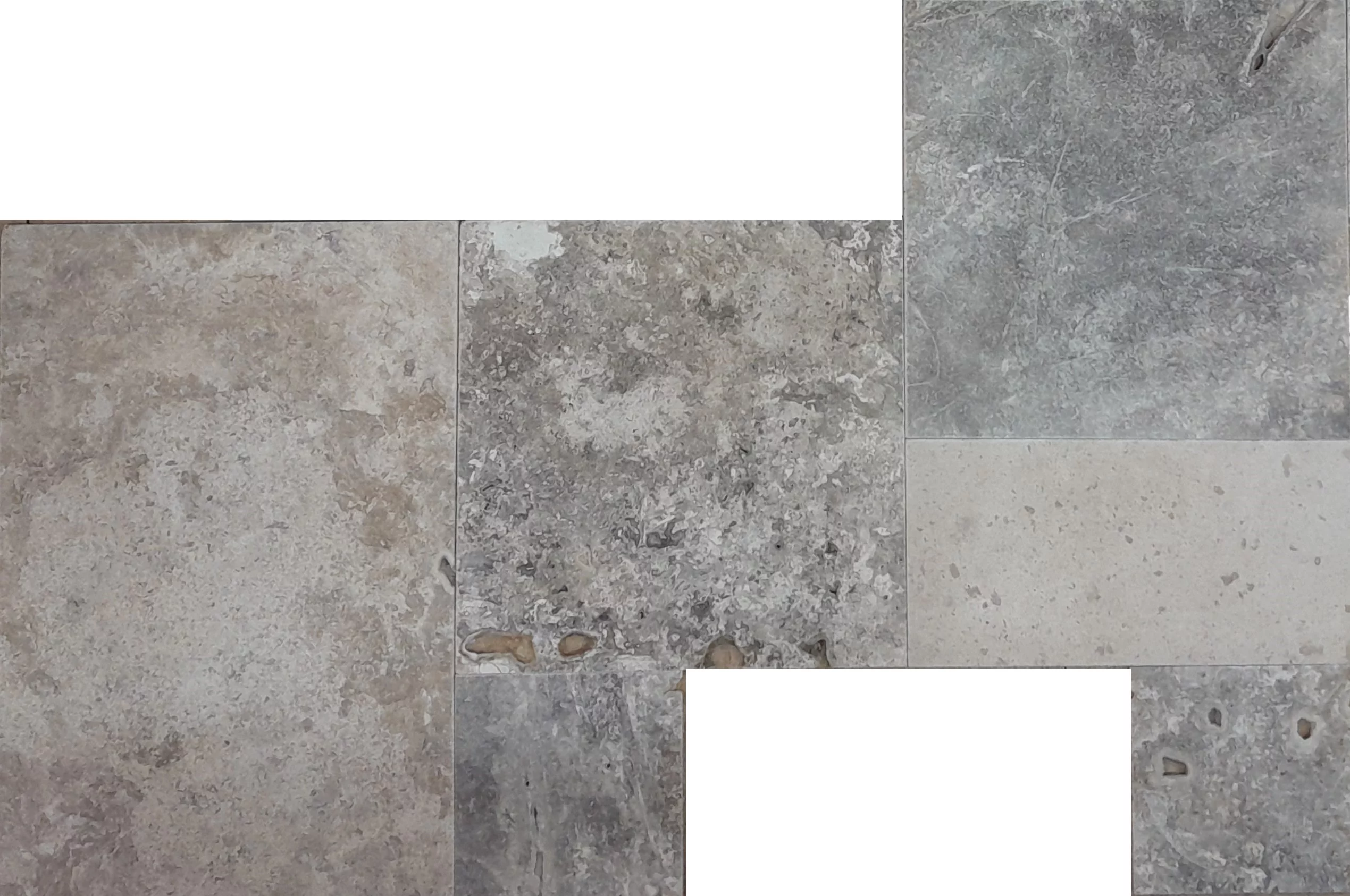 TRAVERTIN COLOR MIX FP -1.2 cm, French Pattern, set modular format din 6 plăci de dimensiuni diferite, grosime 1.2 cm, finisaj tumbled și nechituit, în tonuri mixte de gri, crem și bej, ideal pentru pardoseli naturale cu design variat și rustic-elegant.