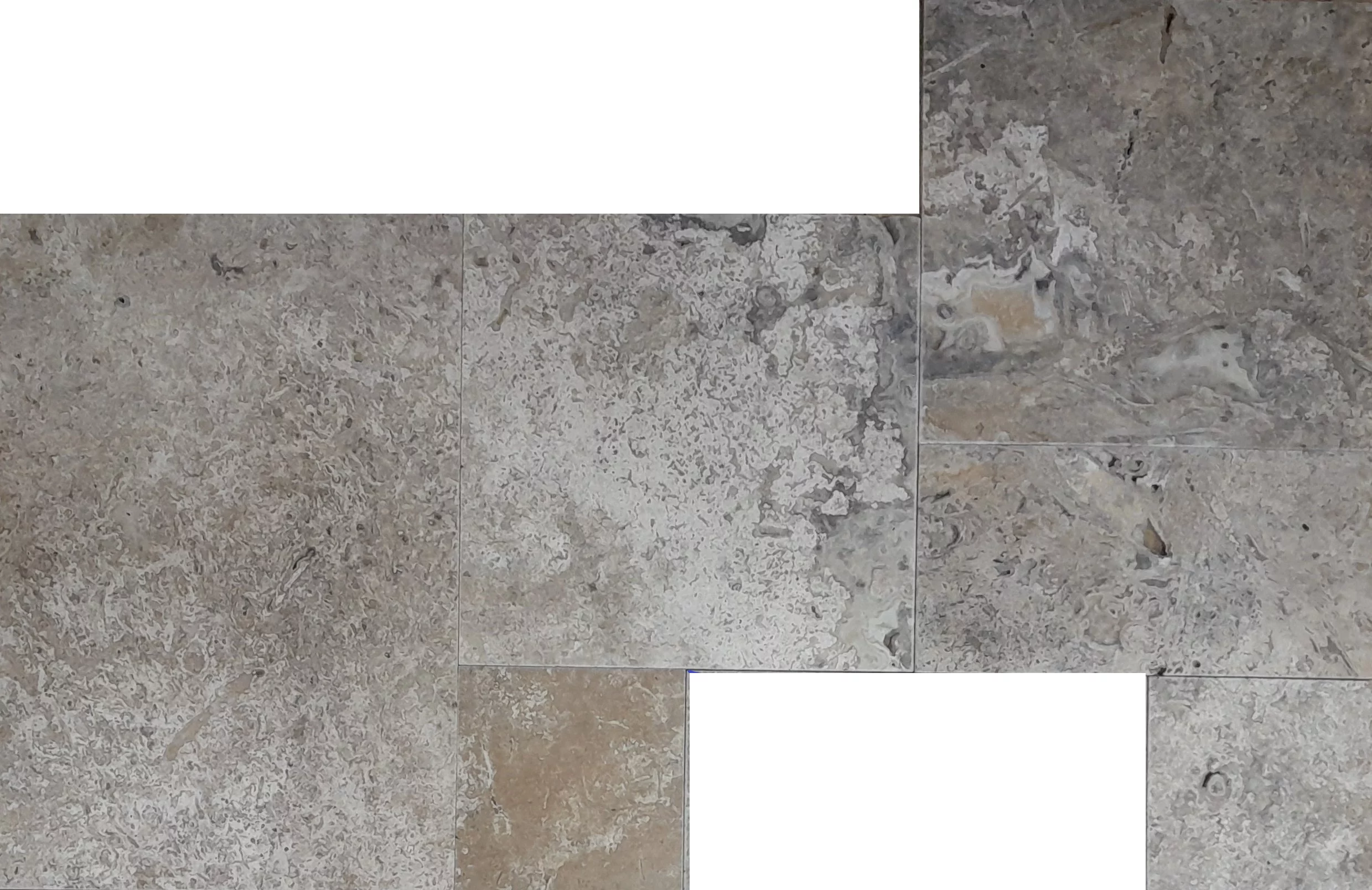 TRAVERTIN COLOR MIX FP -1.2 cm, French Pattern, set modular format din 6 plăci de dimensiuni diferite, grosime 1.2 cm, finisaj tumbled și nechituit, în tonuri mixte de gri, crem și bej, ideal pentru pardoseli naturale cu design variat și rustic-elegant.