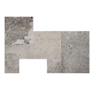 TRAVERTIN COLOR MIX FP -1.2 cm, French Pattern, set modular format din 6 plăci de dimensiuni diferite, grosime 1.2 cm, finisaj tumbled și nechituit, în tonuri mixte de gri, crem și bej, ideal pentru pardoseli naturale cu design variat și rustic-elegant.