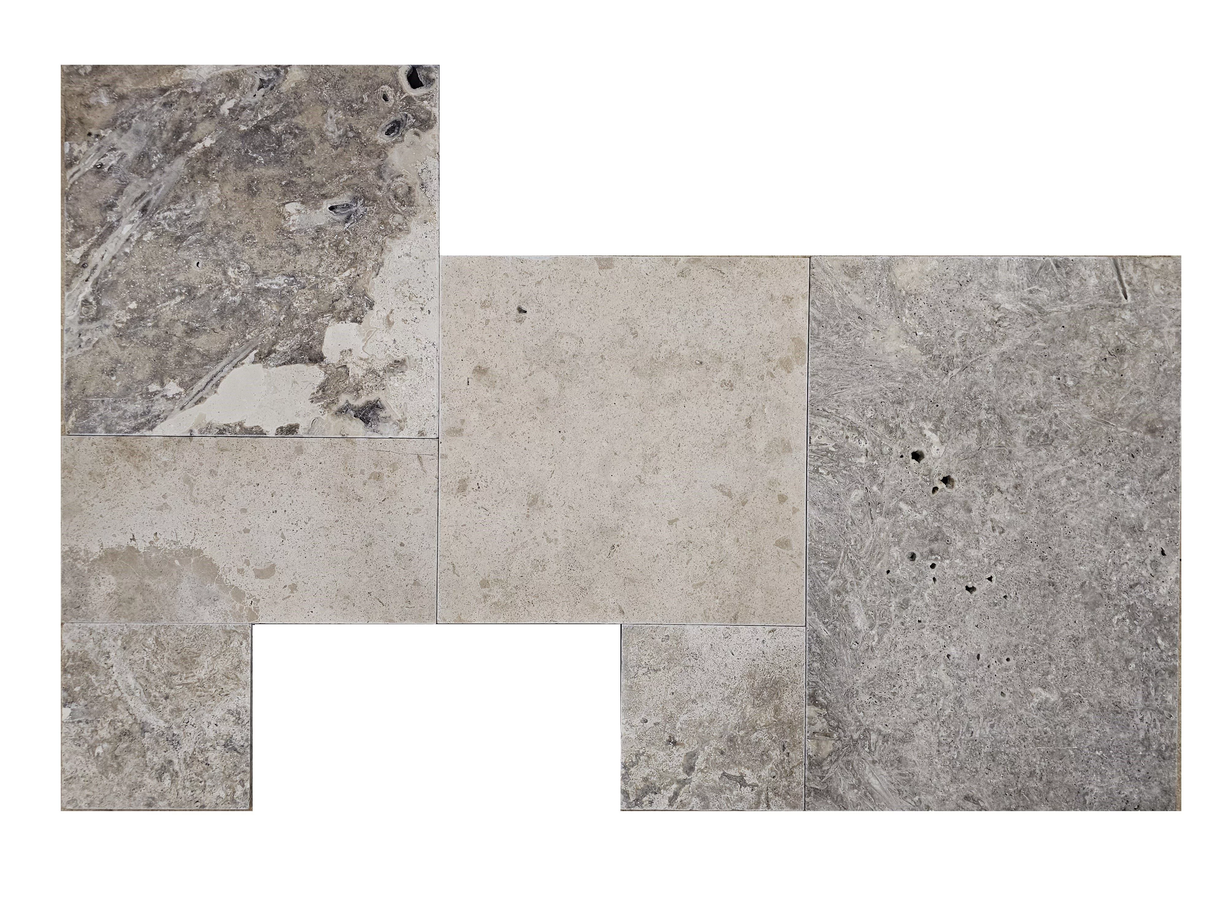 TRAVERTIN COLOR MIX FP -1.2 cm, French Pattern, set modular format din 6 plăci de dimensiuni diferite, grosime 1.2 cm, finisaj tumbled și nechituit, în tonuri mixte de gri, crem și bej, ideal pentru pardoseli naturale cu design variat și rustic-elegant.