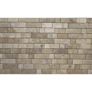 MOZAIC DIN TRAVERTIN RUSTIC LINEER - 30.5X30.5 cm, grosime 1 cm, finisaj antichizat nechituit, tumbled, cu marginile rotunjite, montat pe plasă, ideal pentru decoruri cu aspect natural.