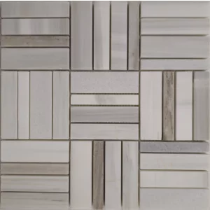 MOZAIC DIN MARMURA METRO MIX - 30.5X30.5 cm, cu finisaj lucios polisat și model geometric elegant, in nuante de alb, gri si tonuri naturale variate, ideal pentru spații moderne și rafinate.