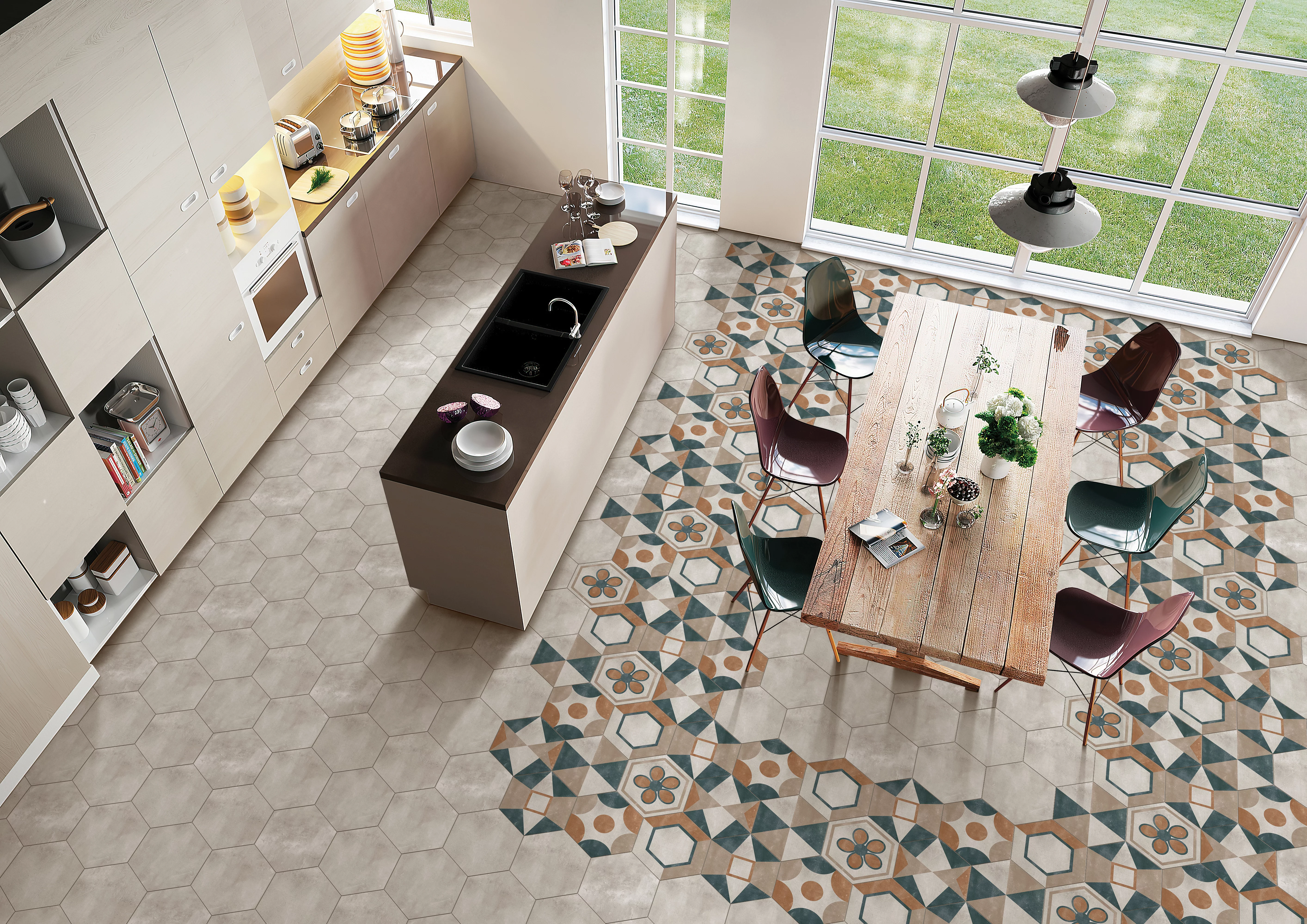 GRESIE HEXAGON HEXA FUSSION DECOR - 21.5X25cm, portelanată, glazurata, nerectificata, mata, multicoloră, cu model geometric variat, ideală pentru spații interioare și exterioare