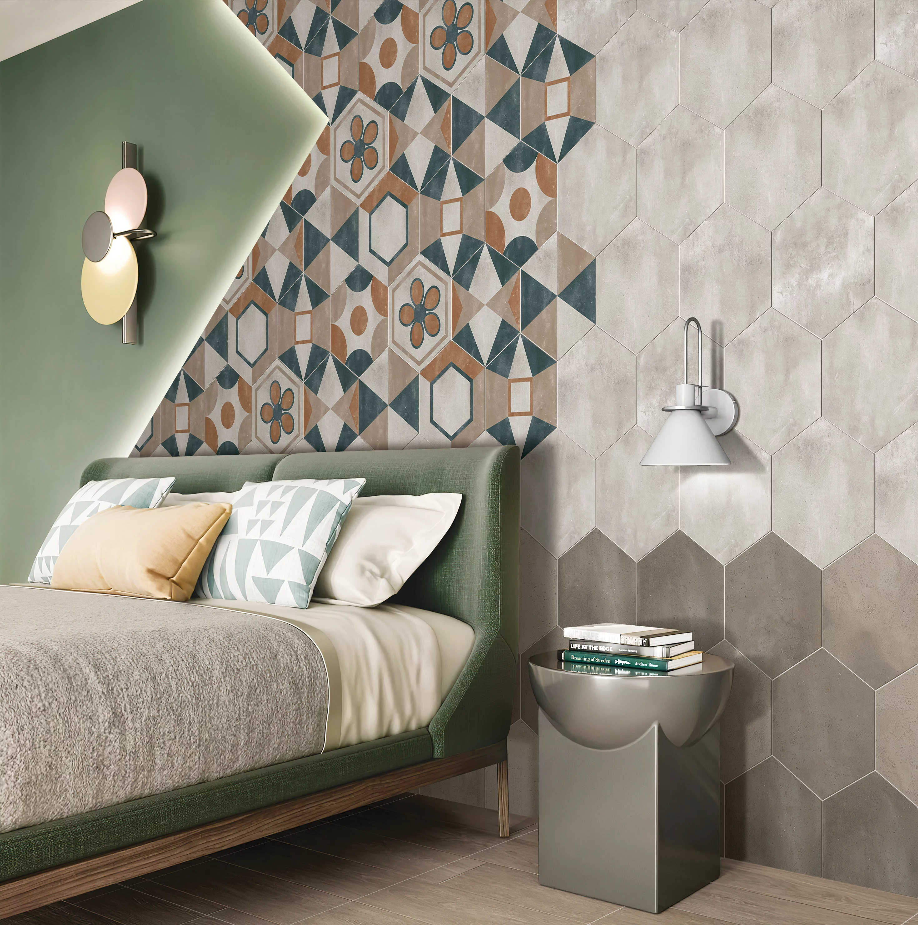 GRESIE HEXAGON HEXA FUSSION DECOR - 21.5X25cm, portelanată, glazurata, nerectificata, mata, multicoloră, cu model geometric variat, ideală pentru spații interioare și exterioare