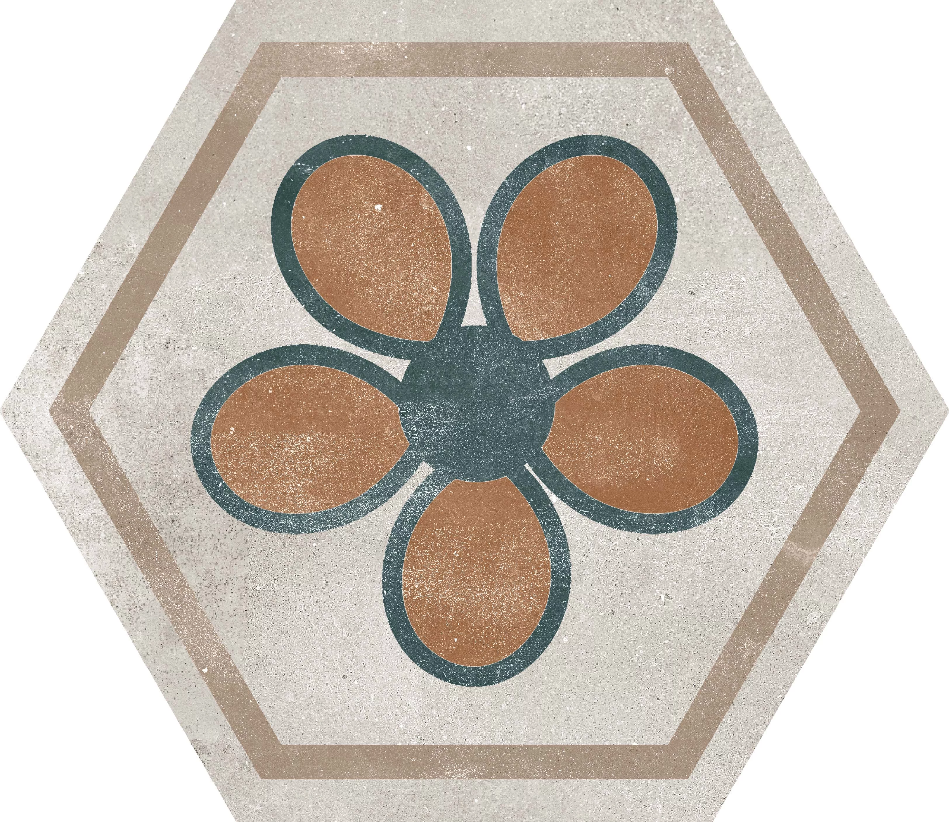 GRESIE HEXAGON HEXA FUSSION DECOR - 21.5X25cm, portelanată, glazurata, nerectificata, mata, multicoloră, cu model geometric variat, ideală pentru spații interioare și exterioare