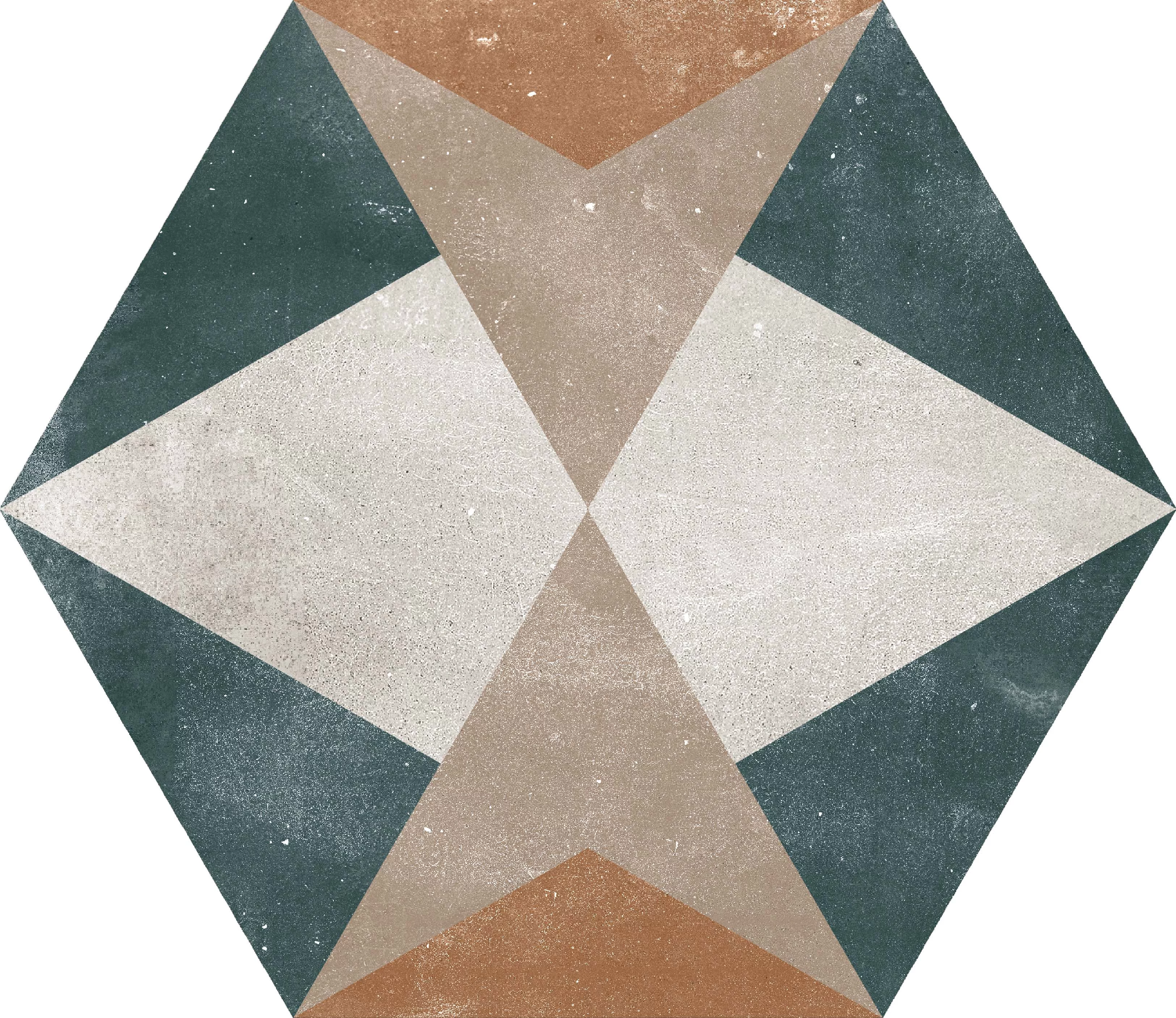 GRESIE HEXAGON HEXA FUSSION DECOR - 21.5X25cm, portelanată, glazurata, nerectificata, mata, multicoloră, cu model geometric variat, ideală pentru spații interioare și exterioare
