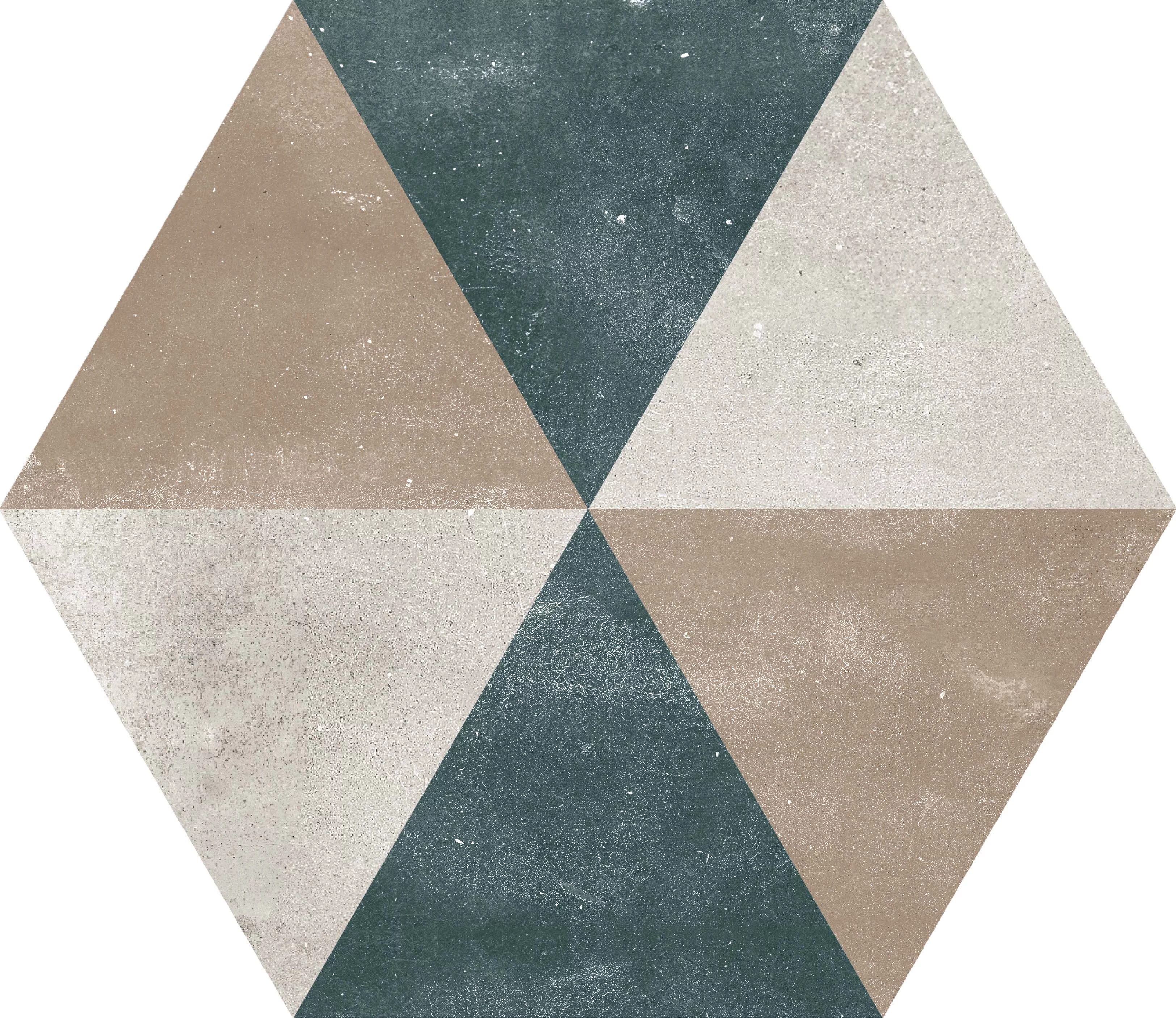GRESIE HEXAGON HEXA FUSSION DECOR - 21.5X25cm, portelanată, glazurata, nerectificata, mata, multicoloră, cu model geometric variat, ideală pentru spații interioare și exterioare