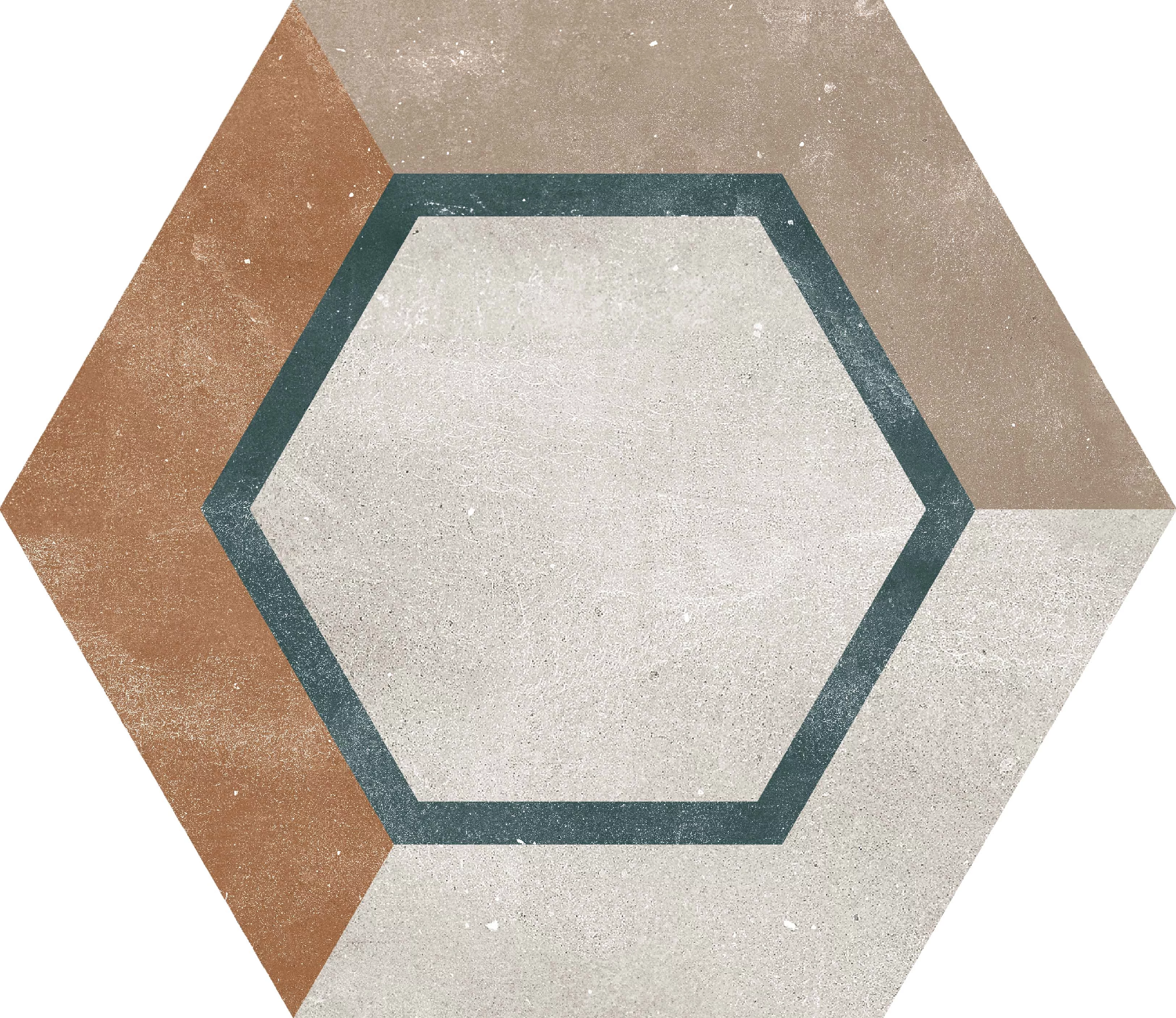 GRESIE HEXAGON HEXA FUSSION DECOR - 21.5X25cm, portelanată, glazurata, nerectificata, mata, multicoloră, cu model geometric variat, ideală pentru spații interioare și exterioare