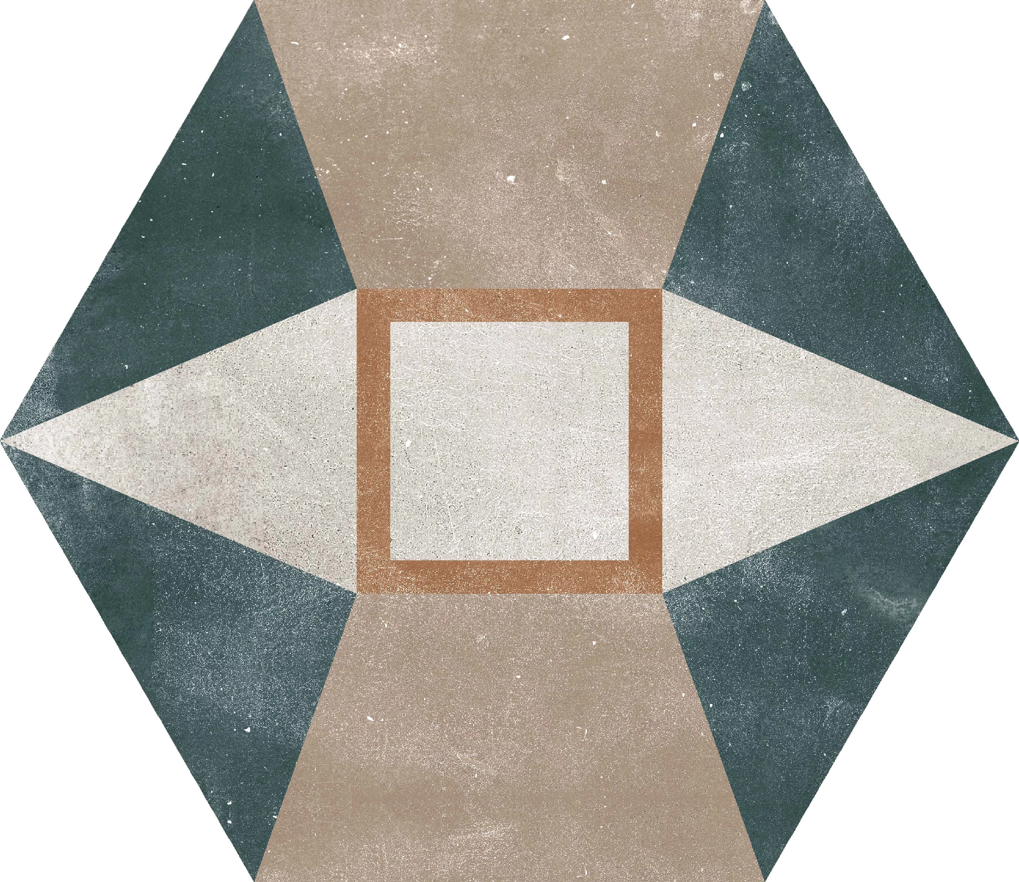 GRESIE HEXAGON HEXA FUSSION DECOR - 21.5X25cm, portelanată, glazurata, nerectificata, mata, multicoloră, cu model geometric variat, ideală pentru spații interioare și exterioare