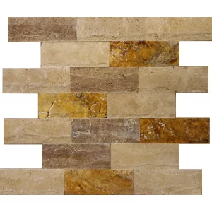 TRAVERTIN MIX CHISELED - 7.5X20 cm, cu grosime variabilă între 1.2-2 cm, mix de culori, finisaj split face, chiseled și brushed, ideal pentru decoruri rustice, naturale și elegante.