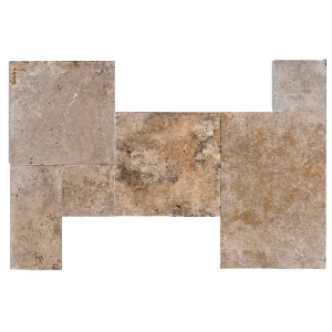 TRAVERTIN RUSTIC MIX FP SET - 1.2 cm, set French Pattern grosime de 1.2 cm, format din 6 placi de dimensiuni diferite, finisaj antichizat Tumbled, ideal pentru amenajări interioare și exterioare cu aspect rustic și natural.