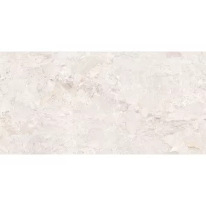 GRESIE RIZZONT BIANCO ENDLESS - 80X160 cm, porțelanată, aspect de marmură bej deschis cu nuanțe maro subtile, finisaj lucios elegant și model endless ce oferă continuitate grafică pe suprafețe ample.