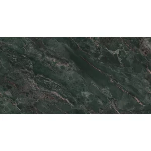 GRESIE RHYOLITE FOREST - 80X160 cm, porțelanată, aspect de marmură exotică verde cu vene fine rozalii și gri, finisaj super lucios high glossy, ideală pentru interioare luxoase și moderne.