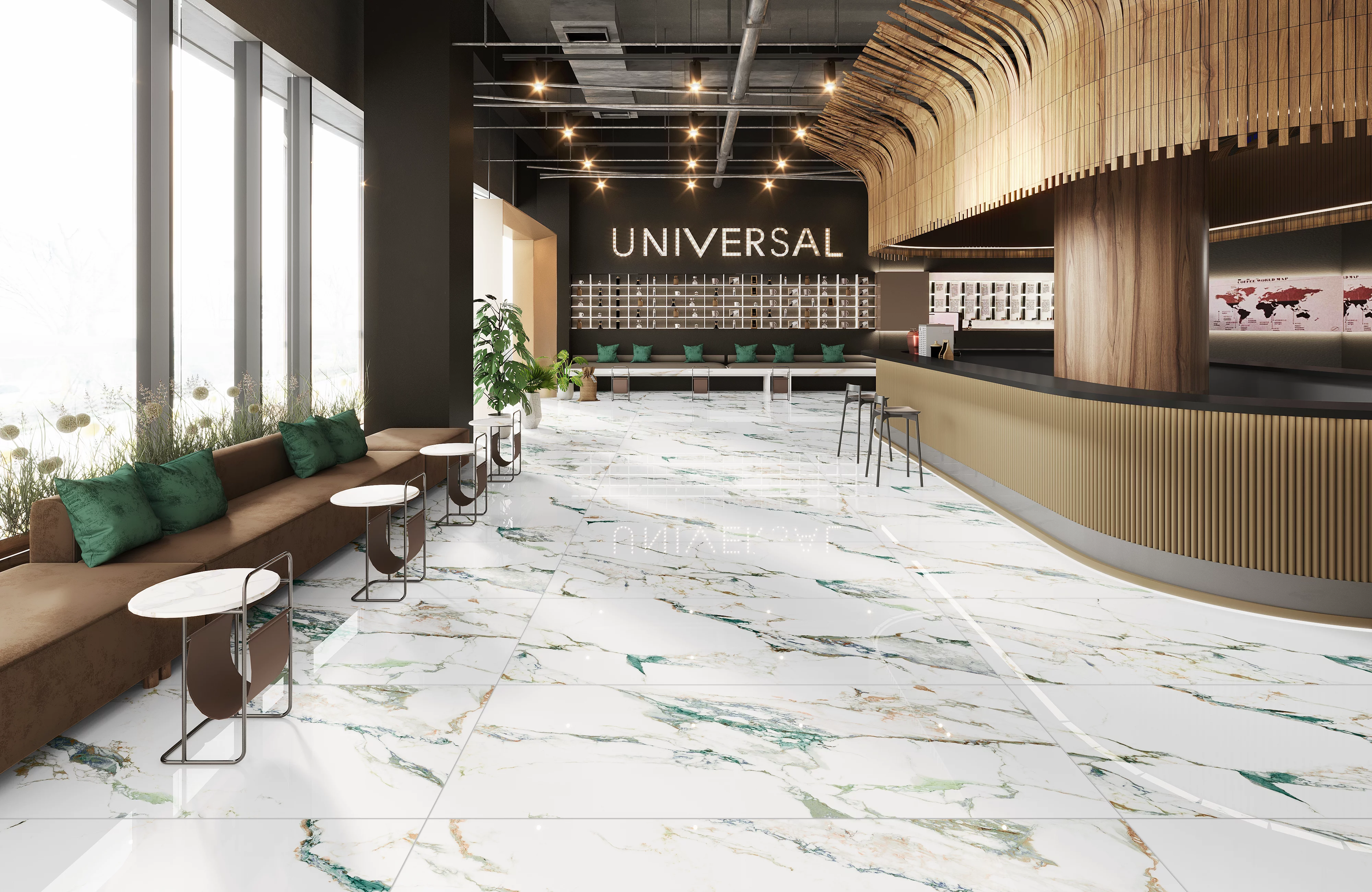 GRESIE QUEBE MULTI - 80X160 cm, porțelanată, aspect de marmură exotică albă cu vene colorate în verde, gri și accente arămii, finisaj super lucios high glossy, ideală pentru interioare moderne și sofisticate.