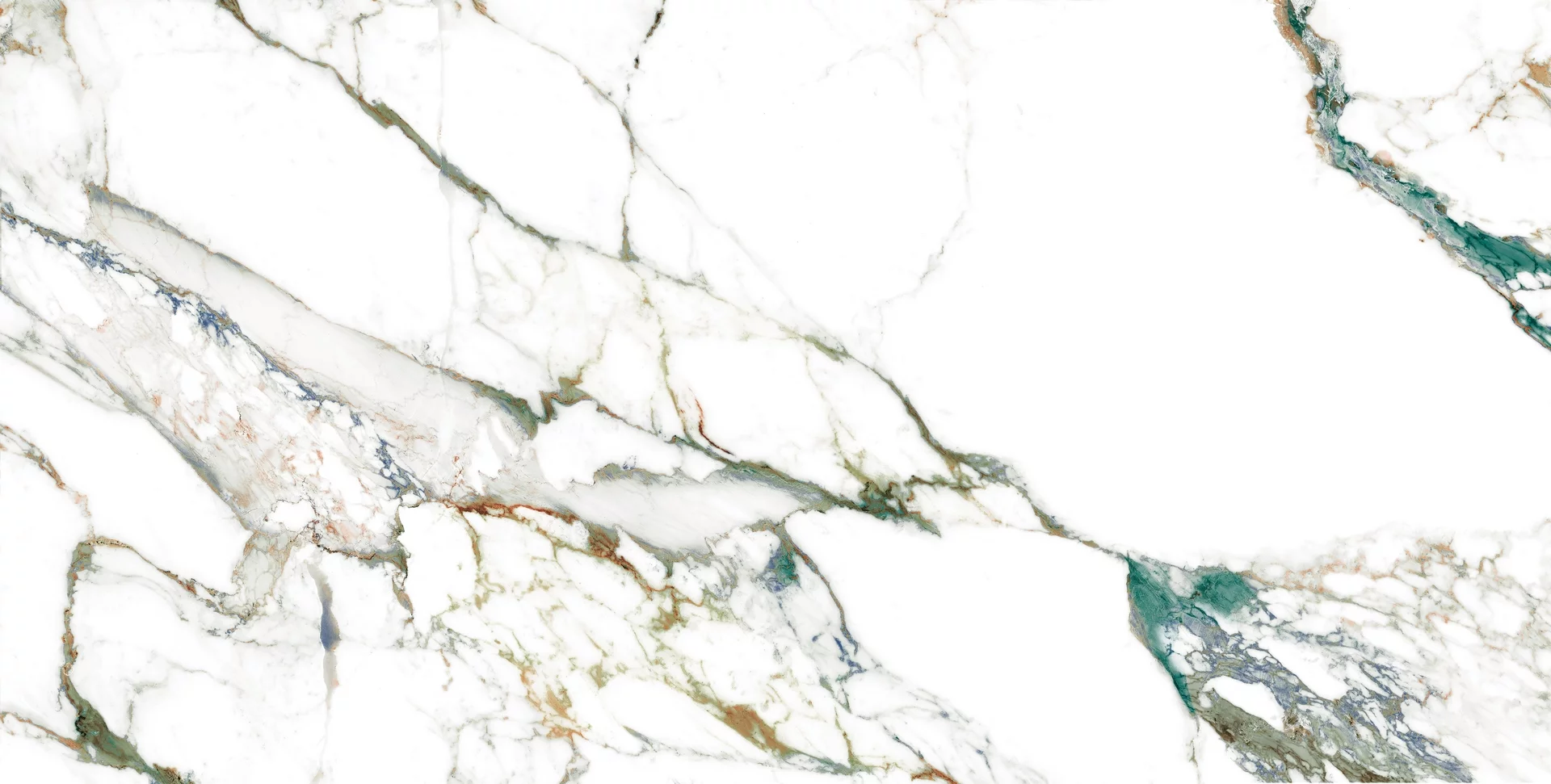 GRESIE QUEBE MULTI - 80X160 cm, porțelanată, aspect de marmură exotică albă cu vene colorate în verde, gri și accente arămii, finisaj super lucios high glossy, ideală pentru interioare moderne și sofisticate.