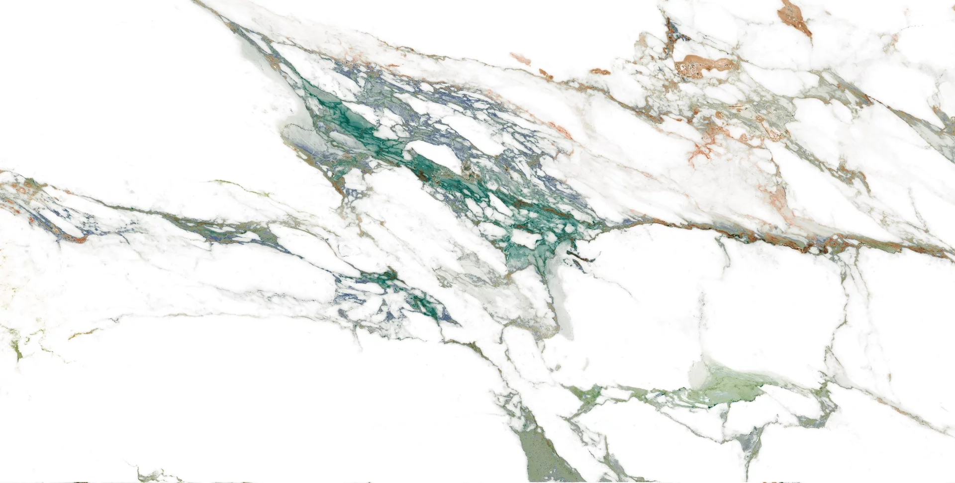 GRESIE QUEBE MULTI - 80X160 cm, porțelanată, aspect de marmură exotică albă cu vene colorate în verde, gri și accente arămii, finisaj super lucios high glossy, ideală pentru interioare moderne și sofisticate.