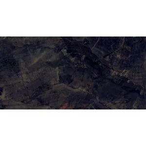 GRESIE FOSSIL AGATE - 80X160 cm, porțelanată, aspect de piatră semiprețioasă în nuanțe închise de negru, cu reflexe maronii și vene subtile, finisaj super lucios high glossy, ideală pentru interioare luxoase și spectaculoase.