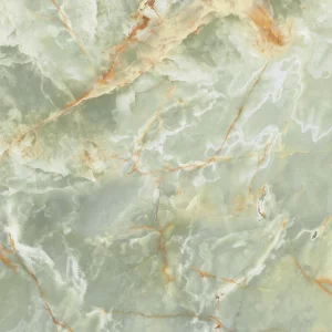 GRESIE HG DELICATUS ONYX OLIVE - 60X120 cm, porțelanată, aspect de onix verde-oliv cu vene aurii și albe, finisaj super lucios high glossy, ideală pentru interioare luxoase și rafinate.