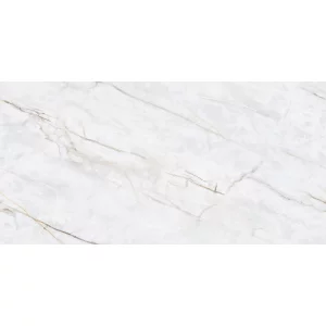 GRESIE FAME WHITE - 60X120 cm, porțelanată, aduce eleganța clasică a marmurei albe cu nervuri discrete gri-aurii, completată de un finisaj lucios ce transformă orice spațiu într-un decor sofisticat și modern.