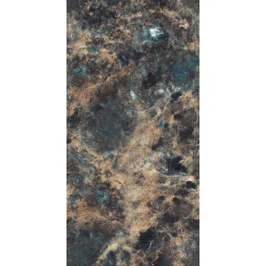 GRESIE LEMORIAN - 80X160 cm, porțelanată, finisaj super lucios high glossy, design exclusivist cu efect marmorat în tonuri de negru, maro-auriu și albastru intens, ideală pentru interioare elegante și moderne.