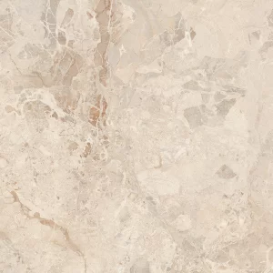 GRESIE BRECCIA SILVER - 80X80 cm, porțelanată lucioasă, cu aspect de marmură breccia în nuanțe de bej-argintiu cu inserții maronii, ideală pentru spații interioare și exterioare elegante.