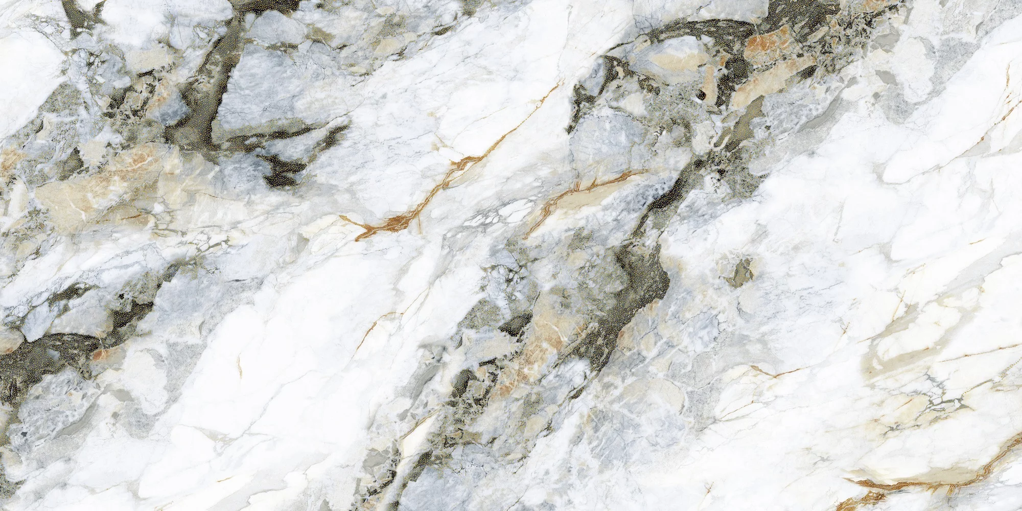 GRESIE GOLDEN GOYA 1017 - 60X120 cm, porțelanată, lucioasă, cu efect gold carving, în tonuri de alb, gri și maro cu inserții aurii, ideală pentru interioare și exterioare elegante.