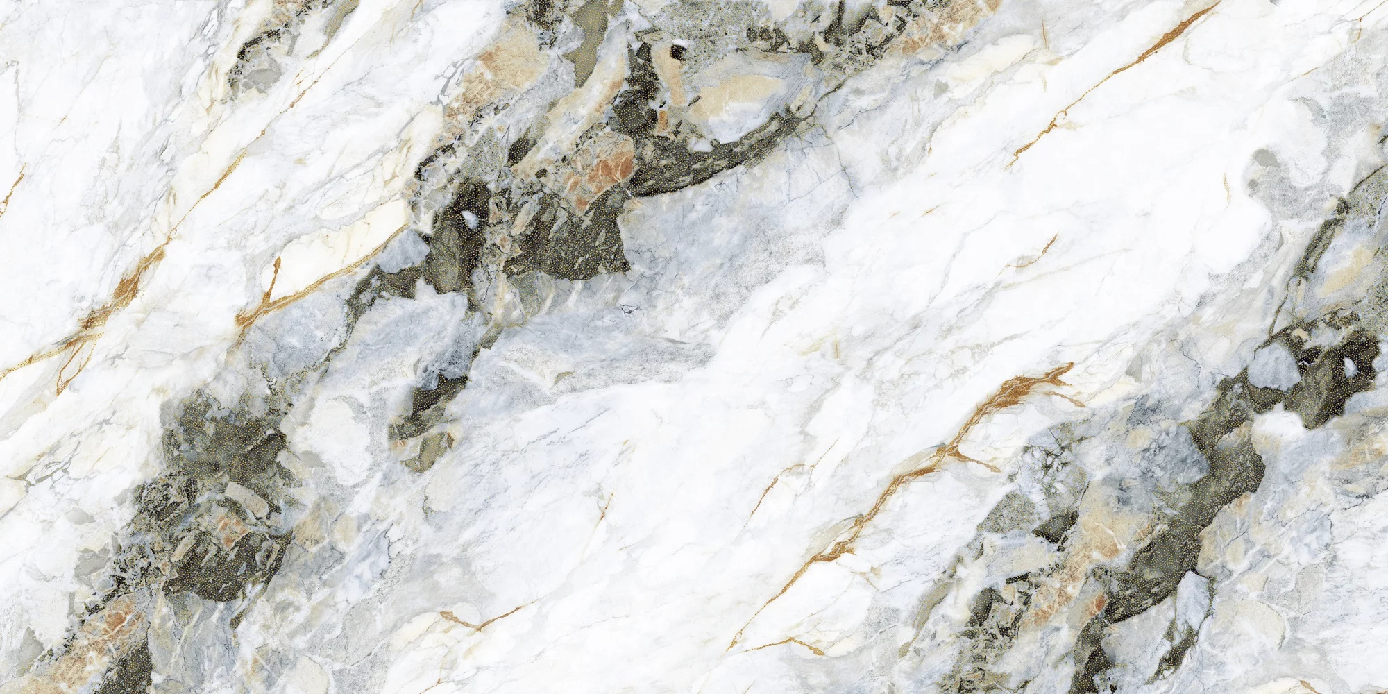 GRESIE GOLDEN GOYA 1017 - 60X120 cm, porțelanată, lucioasă, cu efect gold carving, în tonuri de alb, gri și maro cu inserții aurii, ideală pentru interioare și exterioare elegante.