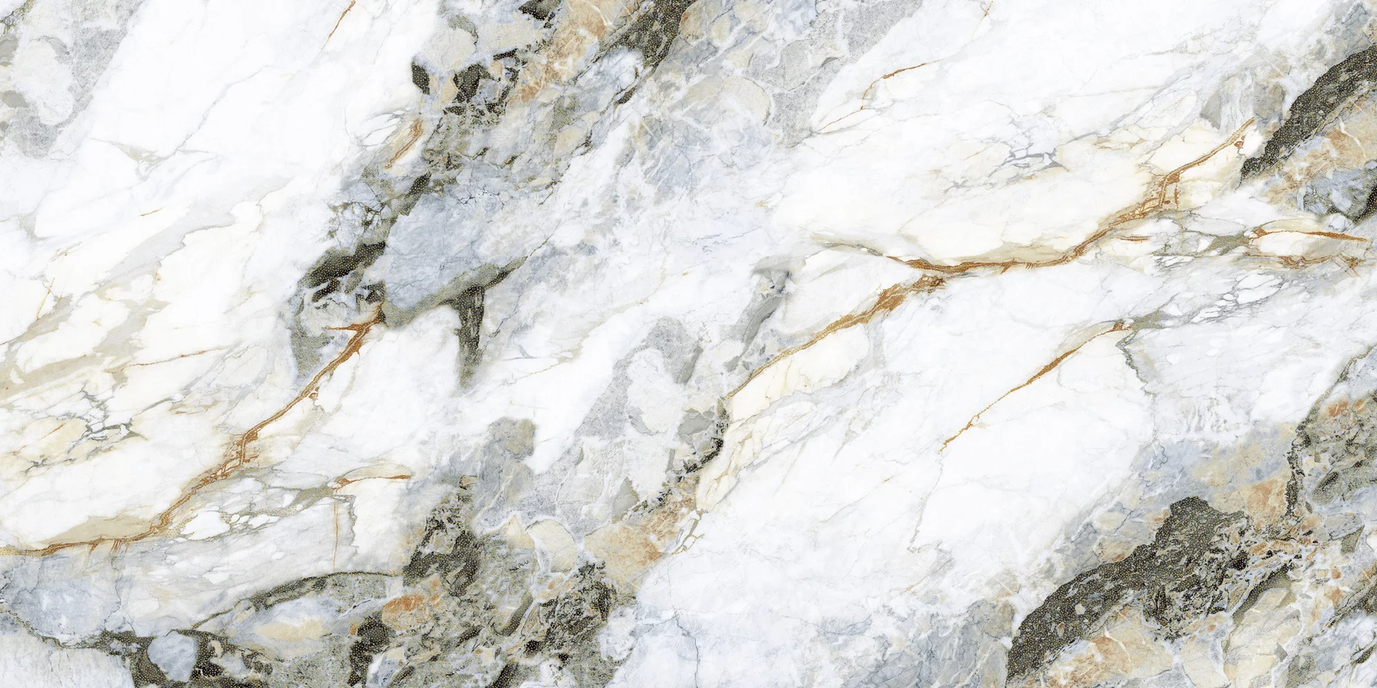 GRESIE GOLDEN GOYA 1017 - 60X120 cm, porțelanată, lucioasă, cu efect gold carving, în tonuri de alb, gri și maro cu inserții aurii, ideală pentru interioare și exterioare elegante.