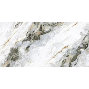 GRESIE GOLDEN GOYA 1017 - 60X120 cm, porțelanată, lucioasă, cu efect gold carving, în tonuri de alb, gri și maro cu inserții aurii, ideală pentru interioare și exterioare elegante.