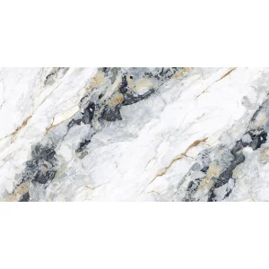 GRESIE GOLDEN GOYA 1017 - 60X120 cm, porțelanată, lucioasă, cu efect gold carving, în tonuri de alb, gri și maro cu inserții aurii, ideală pentru interioare și exterioare elegante.