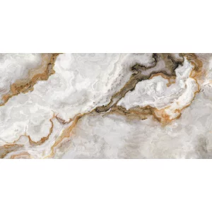 GRESIE GOLDEN ASIS 1009 - 60X120 cm, porțelanată, lucioasă, cu efect gold carving, în nuanțe de gri și maro cu inserții aurii, ideală pentru interioare și exterioare elegante.