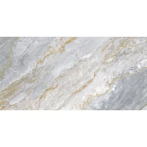 GRESIE GOLDEN PIRANA 1016 - 60X120 cm, porțelanată, lucioasă, cu efect gold carving, în tonuri de gri cu inserții aurii, potrivită pentru interioare și exterioare elegante.